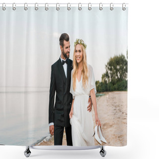 Personality  Groom Hugging Bride And Walking On Beach, Bride Holding High Heels In Hand Shower Curtains