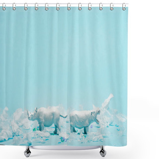 Personality  White Toys Of Hippopotamus And Rhinoceros With Plastic Garbage On Blue Background, Animal Welfare Concept Shower Curtains