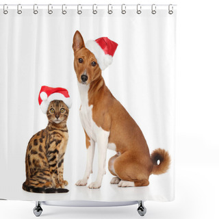 Personality  Kitten And Puppy In Christmas Red Cap On White Background. Christmas Animals Theme Shower Curtains