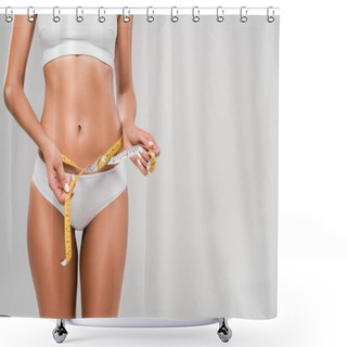 Personality  Partial View Of Beautiful Slim Woman In Underwear Holding Measuring Tape On Waist Isolated On Grey With Copy Space Shower Curtains