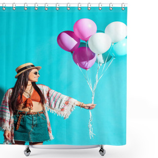 Personality  Hippie Woman Holding Colored Balloons  Shower Curtains