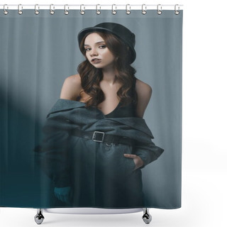 Personality  Elegant Girl Posing In Autumn Coat And Military Helmet, Isolated On Grey With Blue Filter Shower Curtains