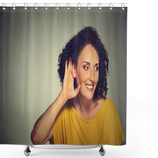 Personality  Happy Middle Aged Nosy Woman Hand To Ear Gesture Carefully Secretly Listening  Shower Curtains