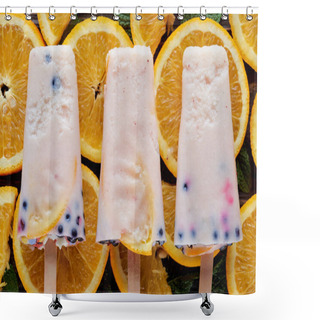 Personality  Top View Of Gourmet Homemade Popsicles With Fruits And Berries On Orange Slices  Shower Curtains