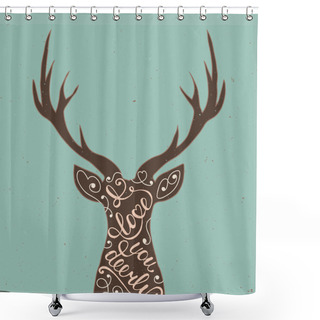 Personality  Card With Hand Drawn Typography Design Element And Deer For Greeting Cards, Posters And Print. I Love You Deerly On Blue Background Shower Curtains