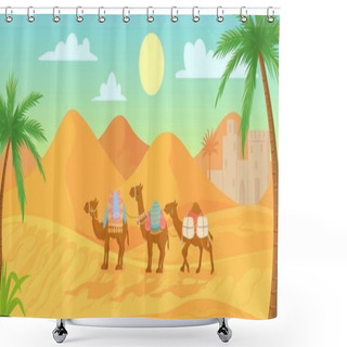 Personality  Desert Camel. Caravan In Egypt Sahara Landscapes. Cartoon Arabic Panoramic Vector Background With Sand Dunes And Camels Shower Curtains