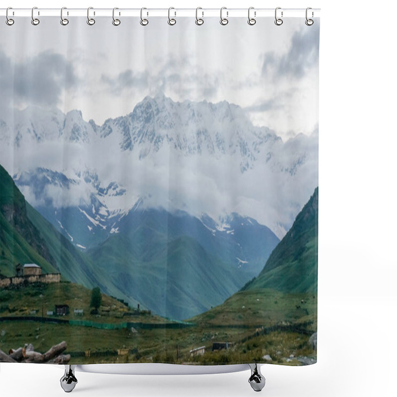 Personality  View Of Green Grass Meadow With Houses And Buildings And Mountains On  Background, Ushguli, Svaneti, Georgia   Shower Curtains