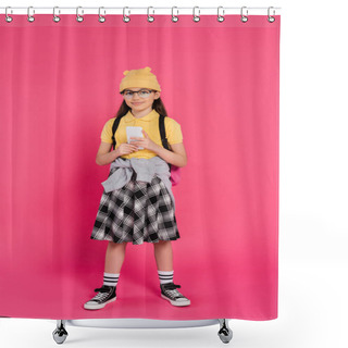 Personality  Happy Girl In Beanie Hat And Glasses Using Smartphone On Pink Background, Full Length, Backpack Shower Curtains