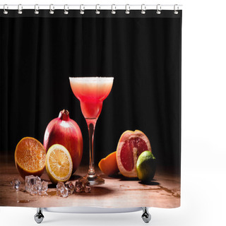 Personality  Red Alcohol Drink With Fruits And Ice Cubes On Wooden Tabletop Shower Curtains