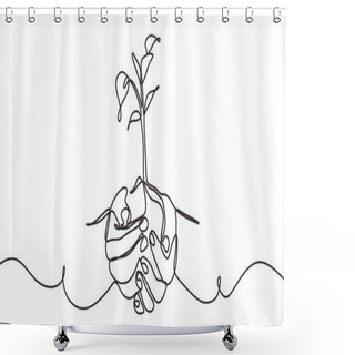 Personality  Continuous One Line Drawing Of Back To Nature Theme With Hands Holding A Plant. Concept Of Growing And Love Earth. Shower Curtains