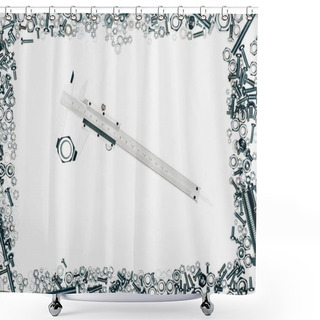 Personality  Top View Of Arranged Various Metal Engineering Details With Vernier Caliper In Middle Isolated On White Shower Curtains