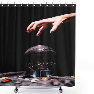 Personality  Cropped View Of Fortuneteller Hand Above Crystal Ball With Fortune Telling Stones On Black Velvet Cloth Isolated On Black Shower Curtains