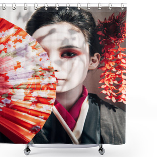 Personality  Beautiful Geisha With Red And White Makeup Holding Hand Fan Near Face In Sunlight Shower Curtains