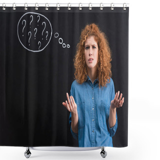 Personality  Irritated Redhead Girl With Question Marks In Thought Bubble On Blackboard Shower Curtains
