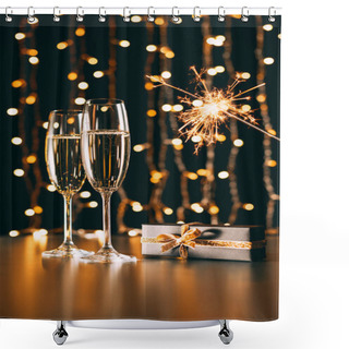 Personality  Glasses Of Champagne, Present And Christmas Sparkle On Garland Light Background, Christmas Concept Shower Curtains