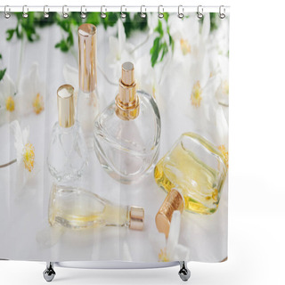Personality  Natural Perfume Concept. Bottles Of Perfume With White Flowers. Floral Fragrance Shower Curtains