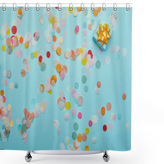 Personality  Top View Of Blue Gift With Golden Bow On Blue Background Shower Curtains