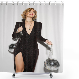 Personality  Blonde Young Woman In Black Tight Dress Holding Chains With Disco Balls On Grey  Shower Curtains