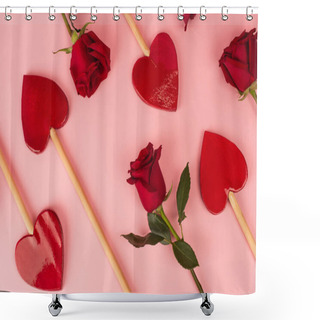 Personality  Top View Of Heart-shaped Lollipops Near Red Roses On Pink Shower Curtains