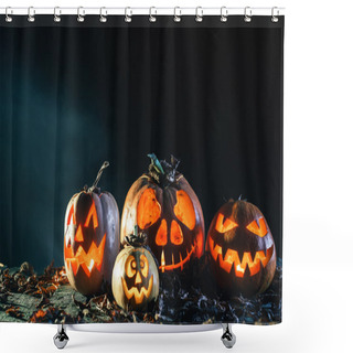 Personality  Halloween Pumpkins At Wood Background. Shower Curtains