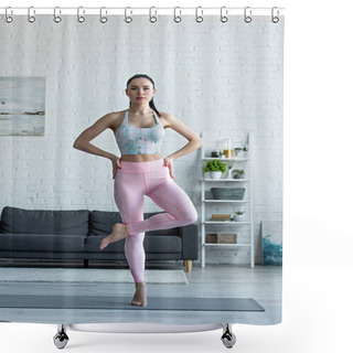 Personality  Young Woman Standing On One Leg With Hands On Hips While Practicing Yoga Shower Curtains