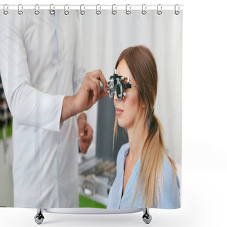 Personality  Eye Exam. Woman In Glasses Checking Eyesight At Clinic Shower Curtains