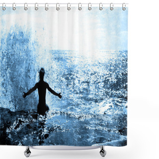 Personality  Ocean Wave Splashing On A Man Sitting On A Cliff Shower Curtains