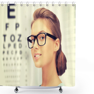 Personality  Woman In Eyeglasses With Eye Chart Shower Curtains