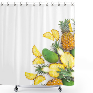 Personality  Frame Of Sliced Pineapple Fruits And Palm Leaves Isolated On White Background. Flat Lay, Top View. Tropical Concept. Shower Curtains