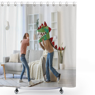 Personality  Scared Little Girl And Her Brother In Cardboard Dinosaur Costume At Home Shower Curtains