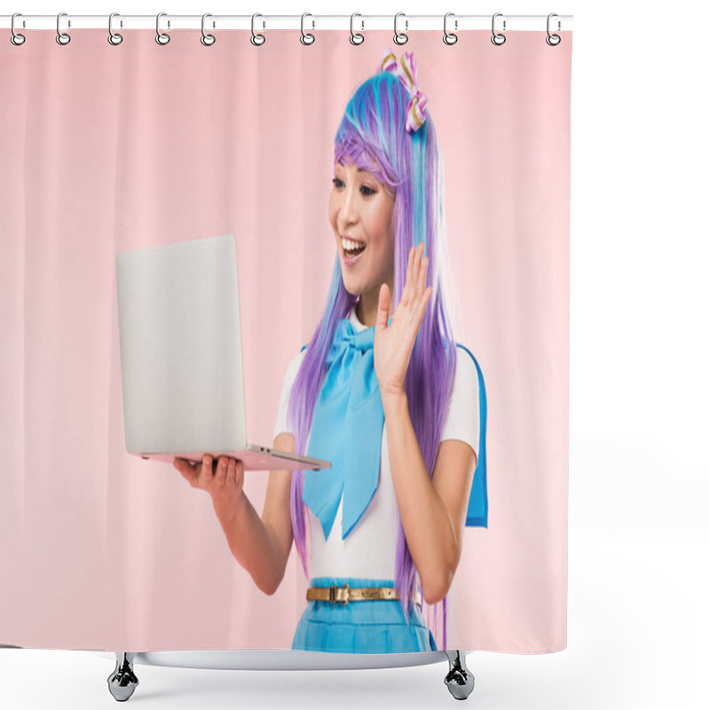 Personality  Joyful asian anime girl waving hand at laptop screen on pink shower curtains