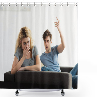 Personality  Selective Focus Of Offended Blonde Woman Covering Face Near Man Gesturing In Living Room  Shower Curtains