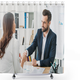 Personality  Handsome Advisor In Suit Shaking Hands With Investor At Workspace Shower Curtains