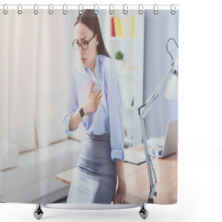 Personality  Good Looking Young Woman Nerving And Leaning On The Table. Shower Curtains