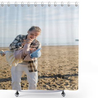 Personality  Smiling Father Playing With Baby Daughter On Beach In Treviso Shower Curtains
