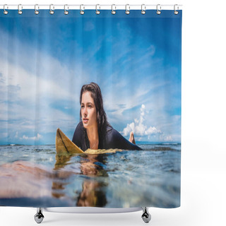 Personality  Young Sportswoman In Wetsuit On Surfing Board In Ocean At Nusa Dua Beach, Bali, Indonesia Shower Curtains