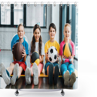 Personality  Preteen Kids Sitting On Fitness Mat With Balls Shower Curtains