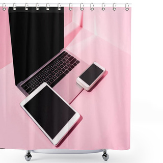 Personality  Modern Gadgets With Blank Screens On Pink Background Shower Curtains