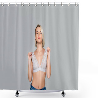 Personality  Beautiful Sexy Girl Posing In Lace Bra, Isolated On Grey Shower Curtains
