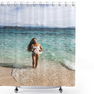 Personality  Travel Concept. Beautiful Tanned Slim Woman Holding In Hands Gia Shower Curtains