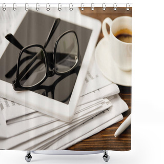 Personality  Eyeglasses, Coffee Cup, Digital Tablet And Newspapers On Wooden Table Shower Curtains