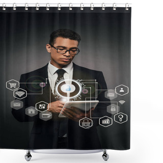 Personality  African American Businessman In Glasses Using Digital Tablet On Dark Background With Internet Security Illustration Shower Curtains