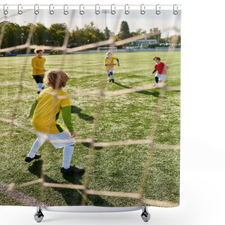 Personality  A Group Of Young Children Play A Spirited Game Of Soccer On A Bright Sunny Day. They Are Running, Kicking, And Cheering Each Other On As They Compete In A Friendly Match. Shower Curtains