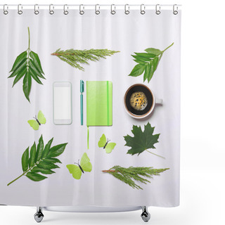 Personality  Cup Of Coffee With Green Leaves Butterfly Book Pen And Cell Phon Shower Curtains