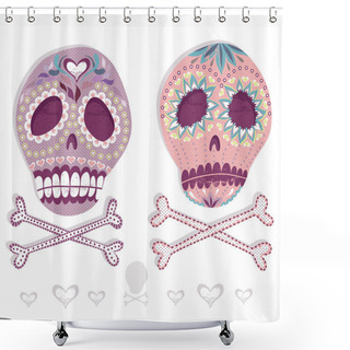 Personality  Mexican Skull Set. Colorful Skulls With Flower And Heart Ornamen Shower Curtains