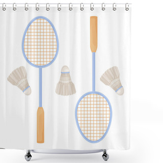 Personality  Badminton Rackets. A Set Featuring Badminton Rackets And Shuttlecocks. Sports Accessories For Game Sports. Vector Illustration Isolated On A White Background Shower Curtains