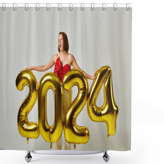 Personality  2024 New Year, Young Woman In Trendy Attire Holding Balloons With Numbers While Sneezing On Grey Shower Curtains