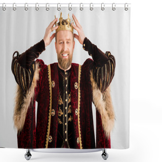 Personality  Smiling King Wearing Crown On Head Isolated On Grey Shower Curtains