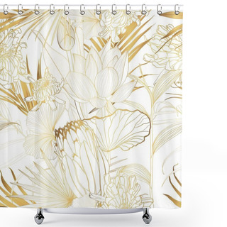 Personality  Exotic Tropical Floral Golden Line Flowers, Protea, Fan Palm Leaves Seamless Pattern. White Background. Golden Floral Wallpaper.  Shower Curtains