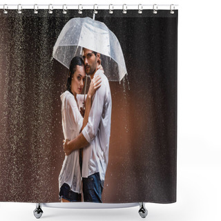 Personality  Young Couple In Wet Shirts Standing Under Rain With Transparent Umbrella On Dark Background Shower Curtains